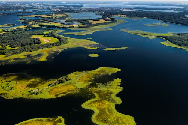 Top view of the Snudy and Strusto lakes in the Braslav lakes National Park, the most beautiful lakes in Belarus.Belarus