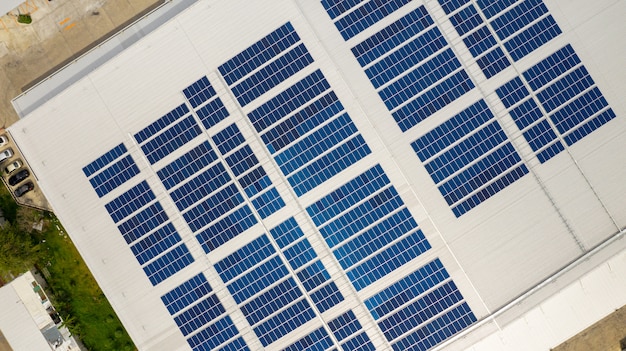 The top view of the solar cells on the roof taken with the drones