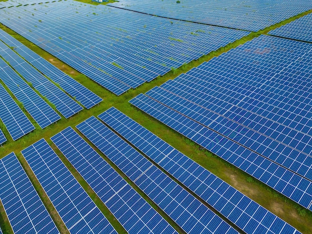 Top view of Solar panels on farm Alternative source of electricity solar panels absorb sunlight as a source of energy to generate electricity creating sustainable energy