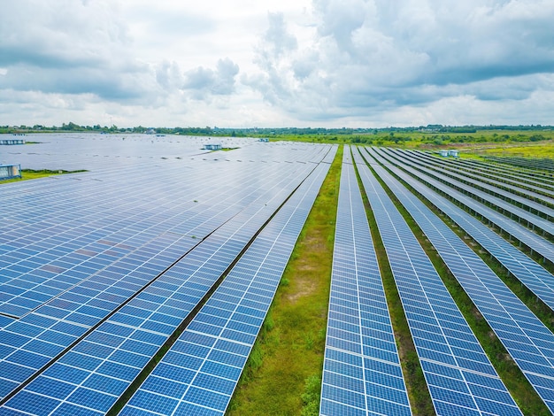 Top view of Solar panels on farm Alternative source of electricity solar panels absorb sunlight as a source of energy to generate electricity creating sustainable energy