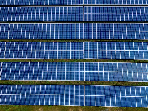 Vista dall'alto dei pannelli solari nella fattoria fonte alternativa di elettricità i pannelli solari assorbono la luce solare come fonte di energia per generare elettricità creando energia sostenibile