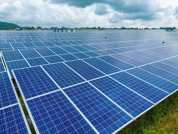 Top view of Solar panels on farm Alternative source of electricity solar panels absorb sunlight as a source of energy to generate electricity creating sustainable energy