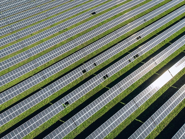 Top view of solar panels in a row. Huge solar panels under the sun