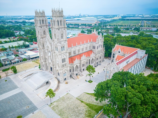 Top view of Song Vinh Church also known as Parish Song which attracts tourists to visit spiritually on weekends in Vung Tau Vietnam Song Vinh Church have construction building look like France