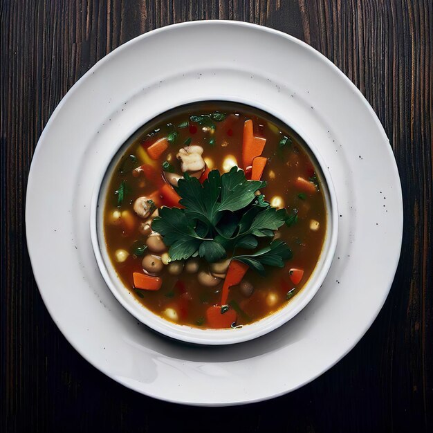 暗い木の背景に白い皿に野菜とパセリを入れたトップビューのスープ