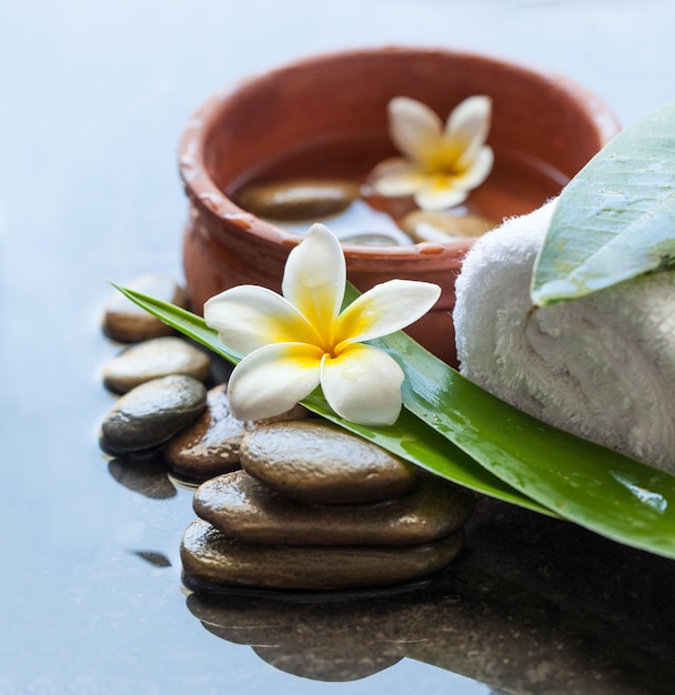 Top view of spa stones and flowers for massage treatment on dark background