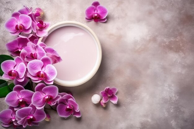 Top view of a spa or wellness setting with pink and purple orchid