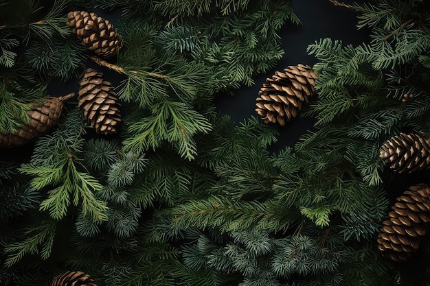 Photo top view of space and branches of thuja with cones