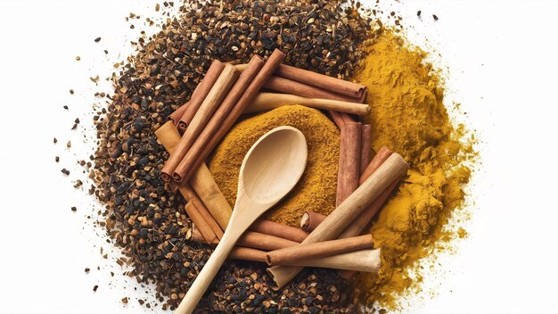 Top view spice with pepper and cinnamon and turmeric in spoon