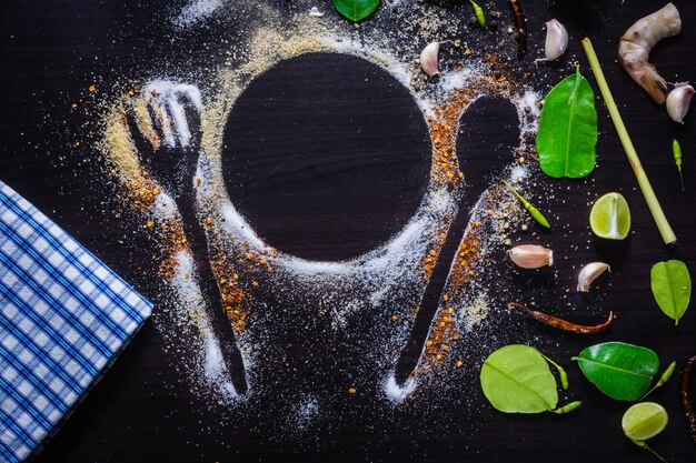 Top View Spices and Herbs on the table