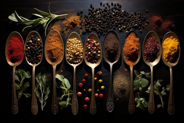 Top view spices in spoons