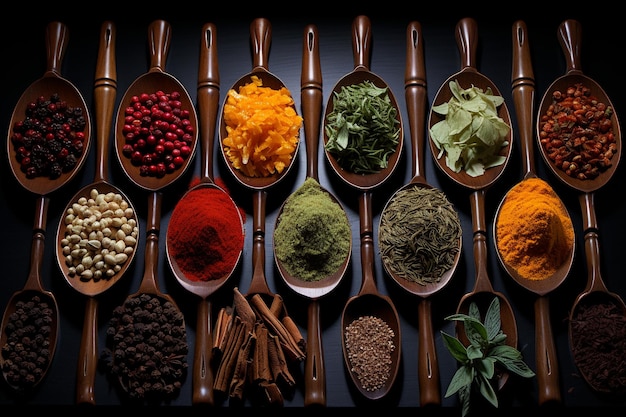 Top view spices in spoons