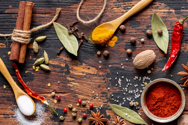 Photo top view of spices with salt and chili pepper