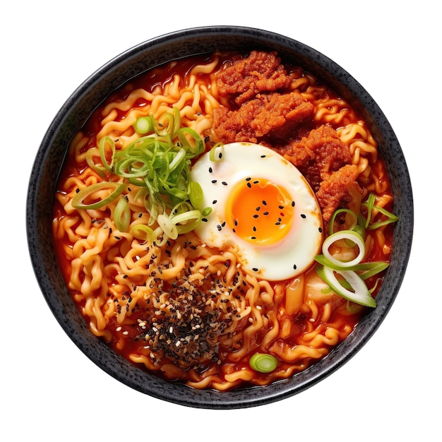 Top view of Spicy ramen noodles isolated on empty background