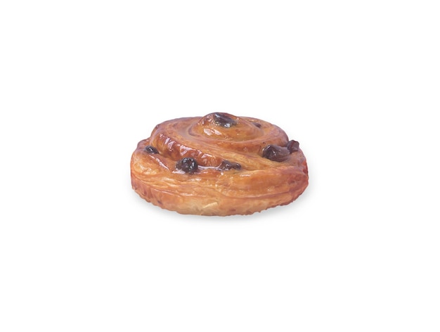 Top view of spiral danish pastry or sweet bun isolated on white background with clipping path