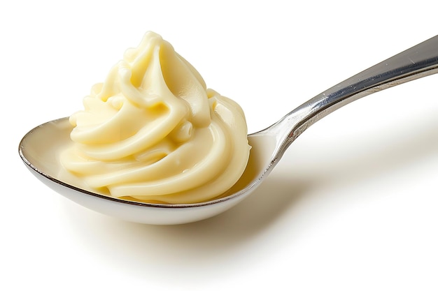 Photo top view of spoon of mayonnaise kept on a clean white surface with a big space for text or product advertisement generative ai