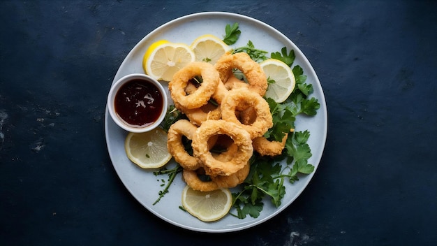 Top view squid rings in batter with sauce and lemon slices