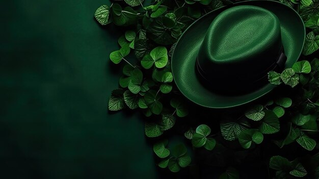 Top View of St Patrick's banner concept design of green hat and green leaves on pastel background