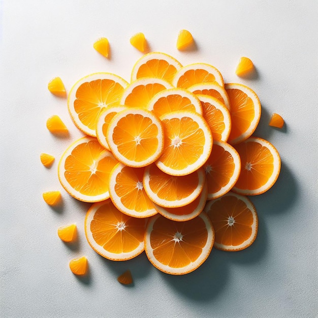 Top view stack of orange slice on light blue background with tiny heart shape orange peel