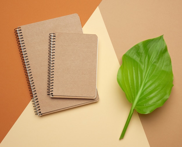 Top view of stack of spiral notebooks with blank brown sheets