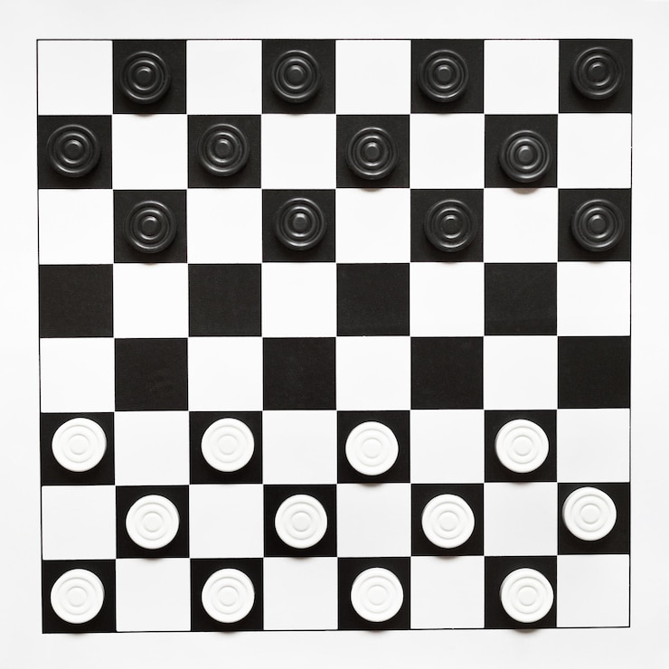 Photo top view of starting position on draughts board