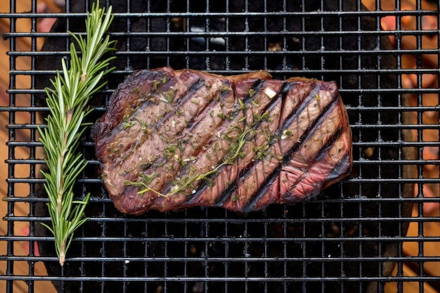 Top view of steak on grill with grill marks created with generative ai