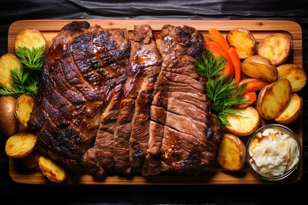 Top view steak met gebakken aardappelen en groente salade