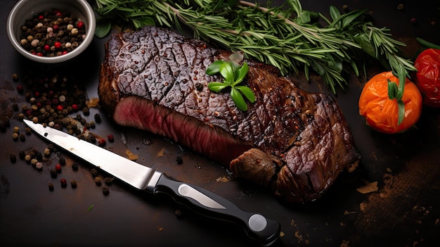 top view of steak with knife