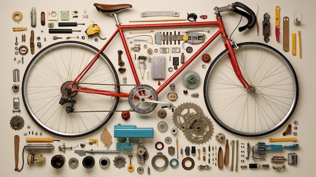 Foto top view still life van fietsonderdelen en -apparatuur op witte achtergrondaigeneratieve ai