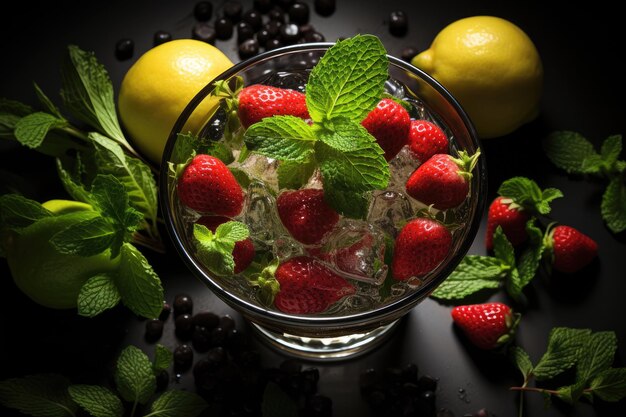 Foto vista dall'alto di fragole e lime in vetro cristallino cocktail con pezzi di bacche e fette