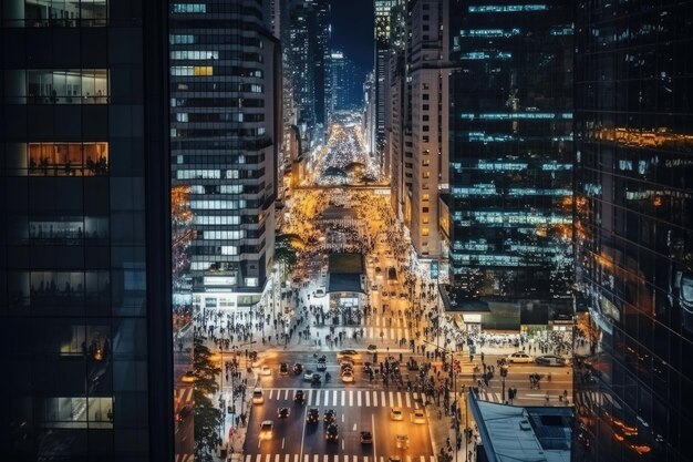 top view of the streets of a big city with skyscrapers many people walking along the sidewalks