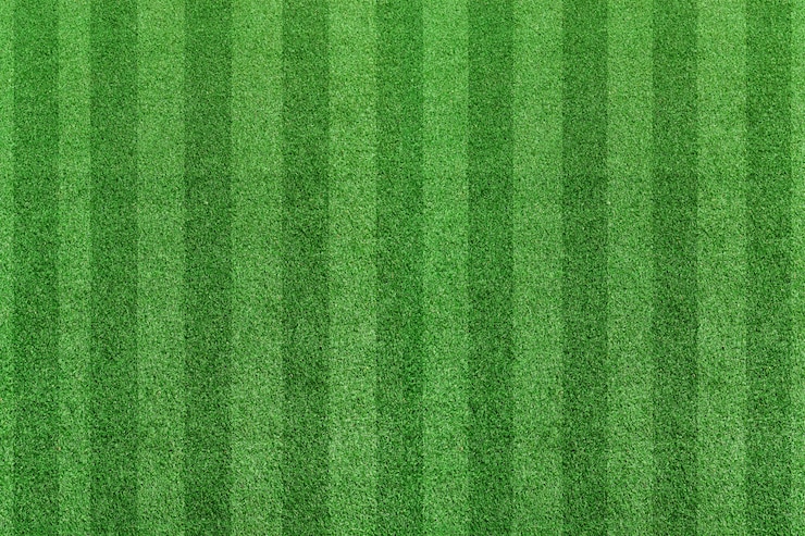 Photo top view stripe grass soccer field. green lawn pattern background