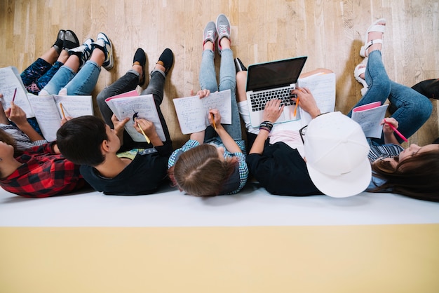 Photo top view of students coworking