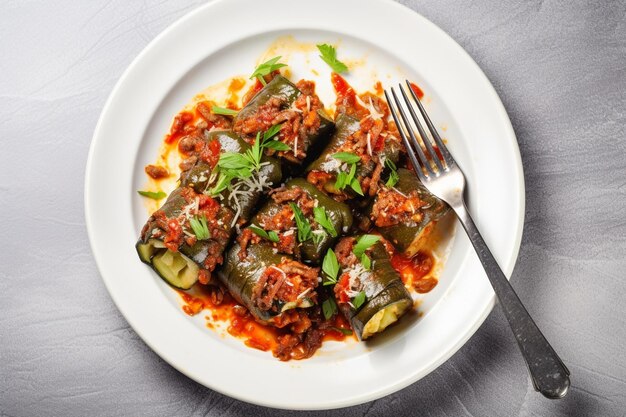 Top view stuffed aubergine rolls in white oval plate a fork bottle of oil adjika on grey background