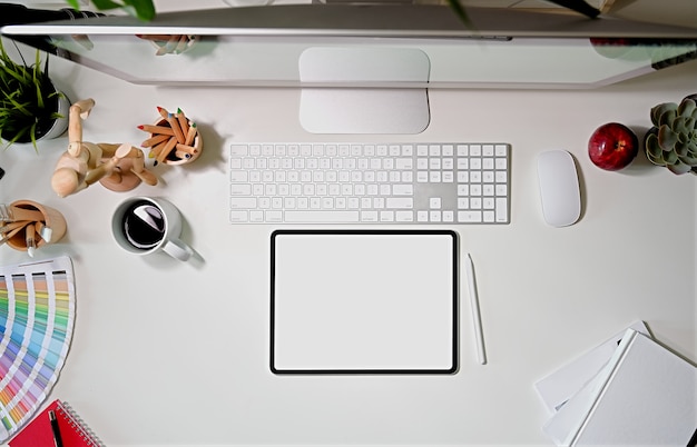 Top view stylish graphics designer workspace desk