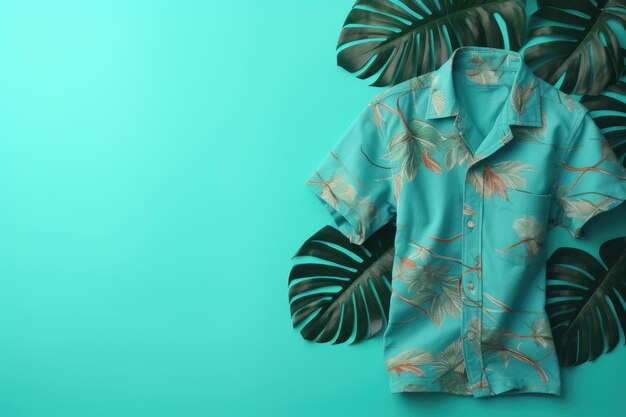 A top view of a summer outfit on a background with the possibility of copying a beach outfit an illustration of a tropical shirt on a background of fern branches generative ai