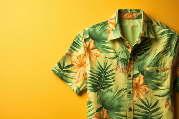 A top view of a summer outfit on a background with the possibility of copying a beach outfit an illustration of a tropical shirt on a background of fern branches generative ai