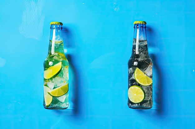 Top view of a summer party with drinks ice and lime on a blue background with empty beer bottles