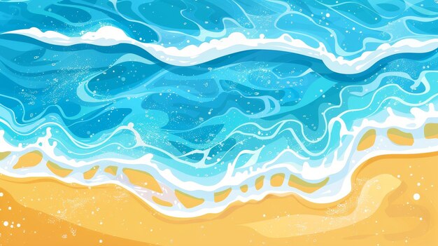 Photo top view of a summer sandy beach with sea waves and a blue ocean modern illustration of a tropical seaside with yellow sand