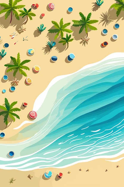 Верхний вид летнего морского пляжа Верхний вид океанского пляжа с мягкими волнами Красивый фон с ракушками на морском песке Векторная иллюстрация с тенями растений С пространством для копирования