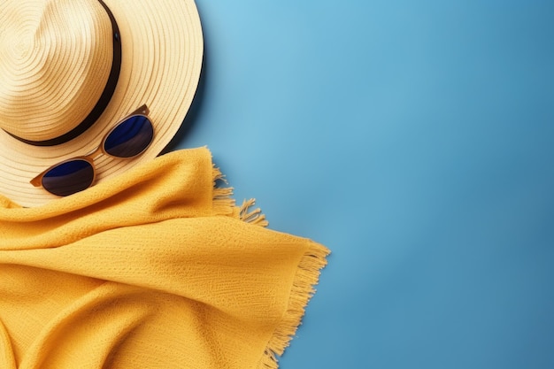 AI が生成した青い背景に夏の旅行ビーチの必需品黄色の麦わら帽子茶色のサングラスとベージュのタオルの上面図