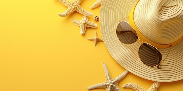 Top view sun hat sunglasses and starfish on yellow background Flat lay Fashion summer