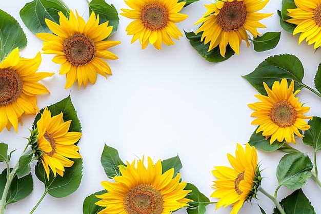 Top view of sunflowers frame with cotton