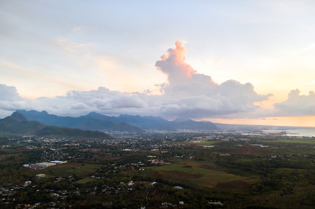 Top view of the sunset city and mountains on the island of Mauritius, Mauritius Island.