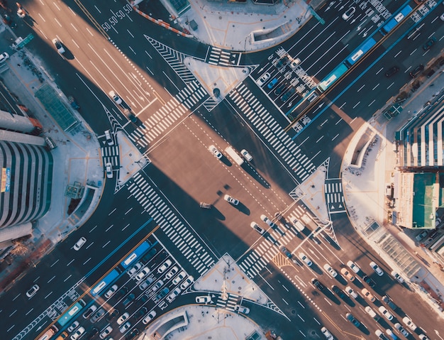 Photo top view of sunset on crossroads in seoul