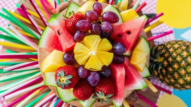 Photo top view of surface with appetizing fruits for summer