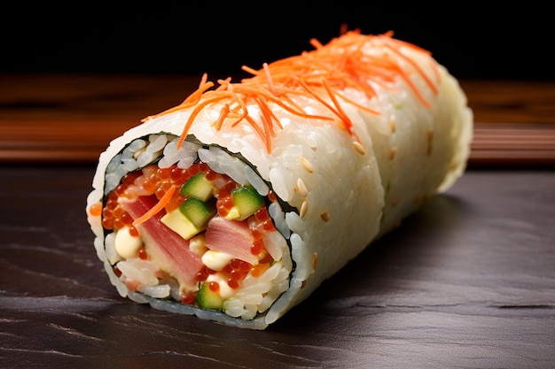 Top view of sushi roll on slate