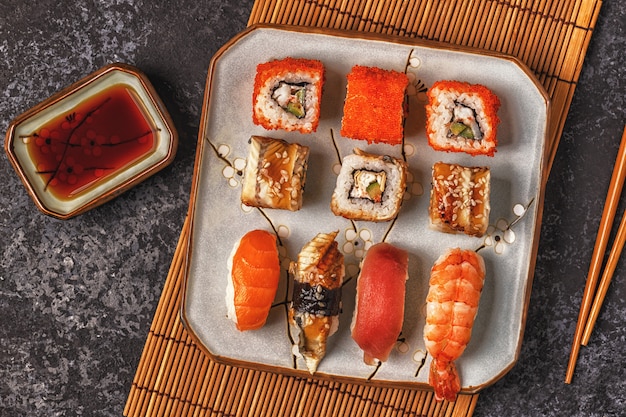 Top view of sushi rolls on a plate