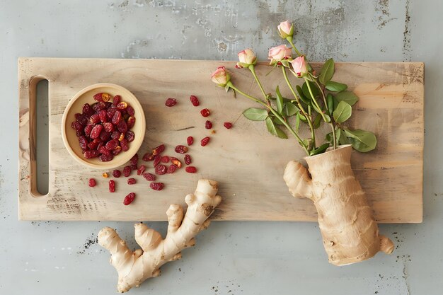 Photo top view of sweet dried dates in a bowl and a wooden cutting board with ginger and rose buds on