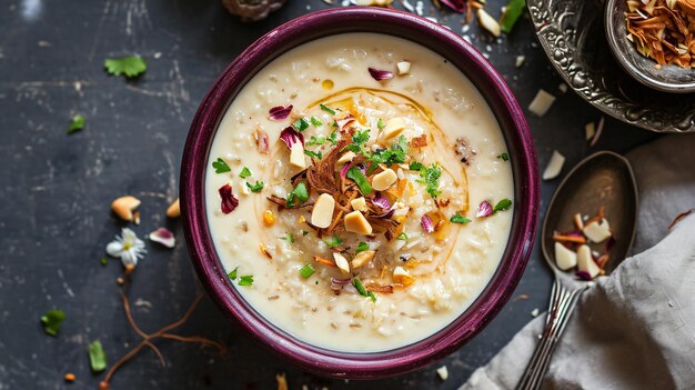 Photo top view of sweet khurma on grey surface